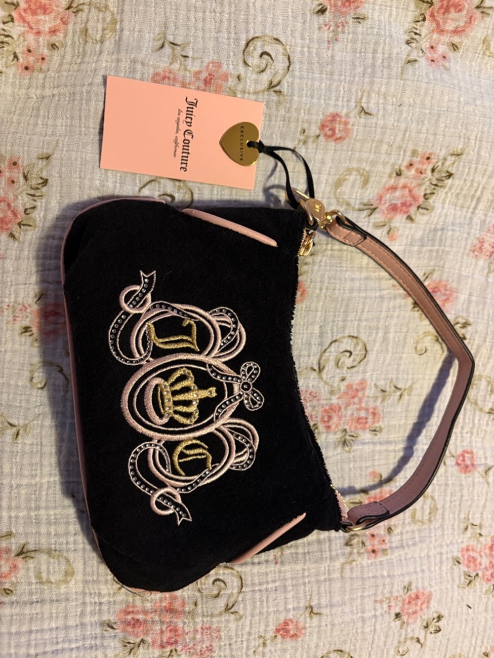 Juicy Couture Black Velvet Wristlet with Pink Trim & Gold Embroidery